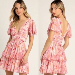 Sunny Evenings Pink Multi Lurex Flutter Sleeve Mini Dress